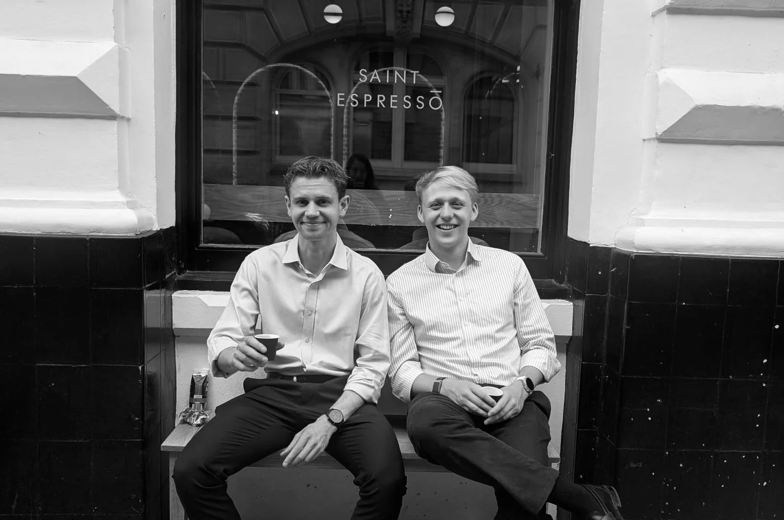 Josh Haines and Will Edwards, founders of Lost Lambs Digital, sharing a coffee